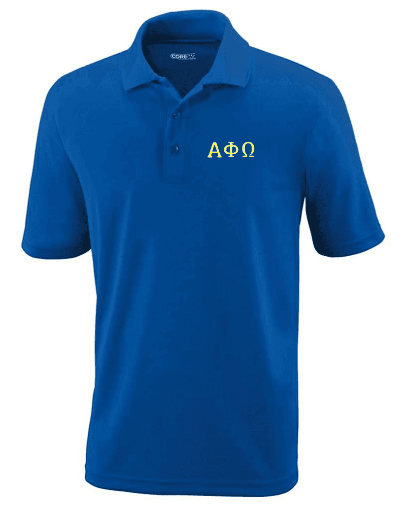 Product image of Alpha Phi Omega (Gold/White Outline) Core 365 Men's Origin Performance Piqué Polo - True Royal