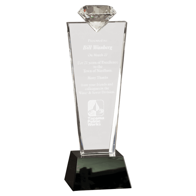 Product image of 11" Crystal Diamond Top Award on Black Pedestal Base w/ Box and FREE Engraving