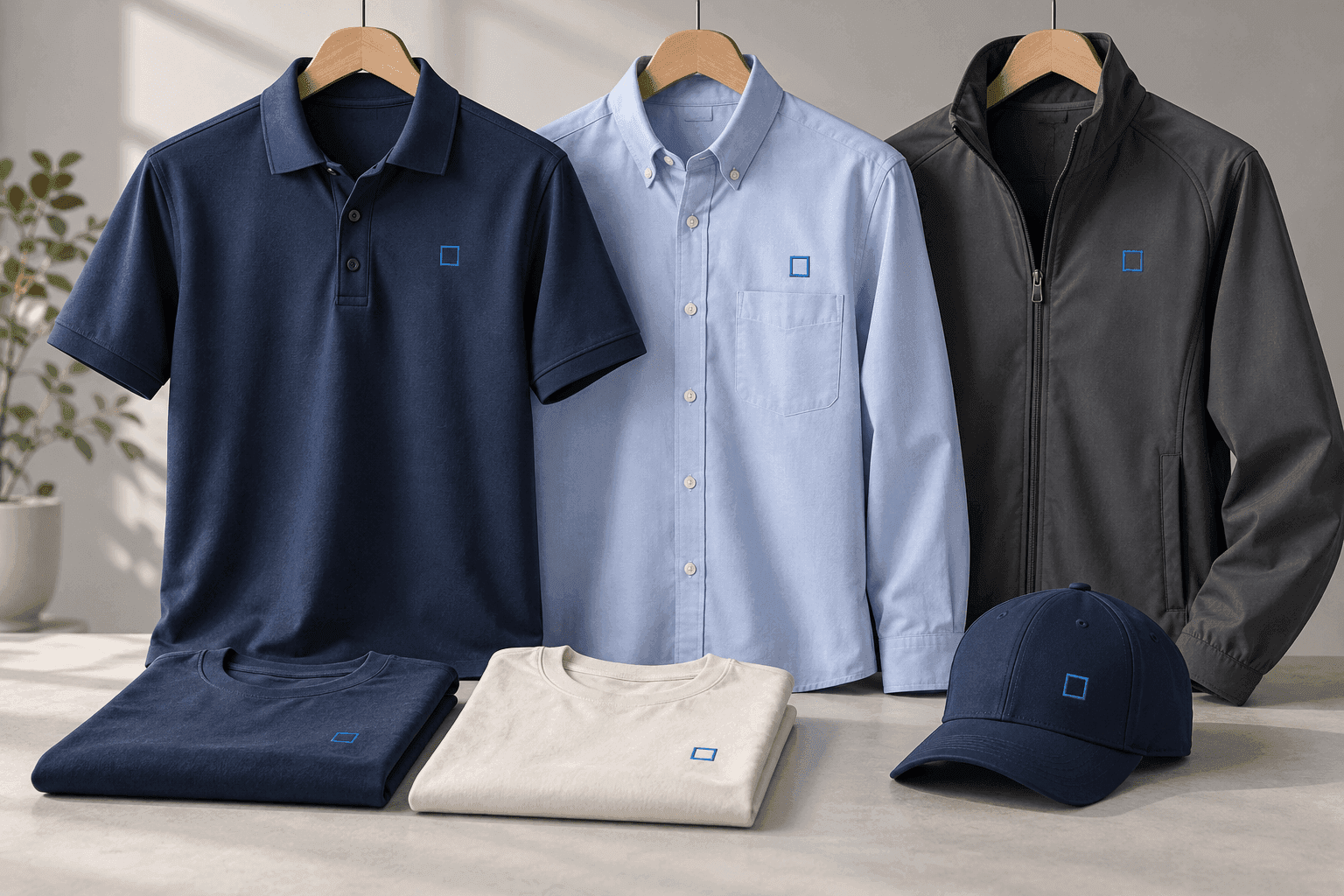 Branded polo, work shirt, jacket, T-shirts, and cap with blue embroidered square logos.