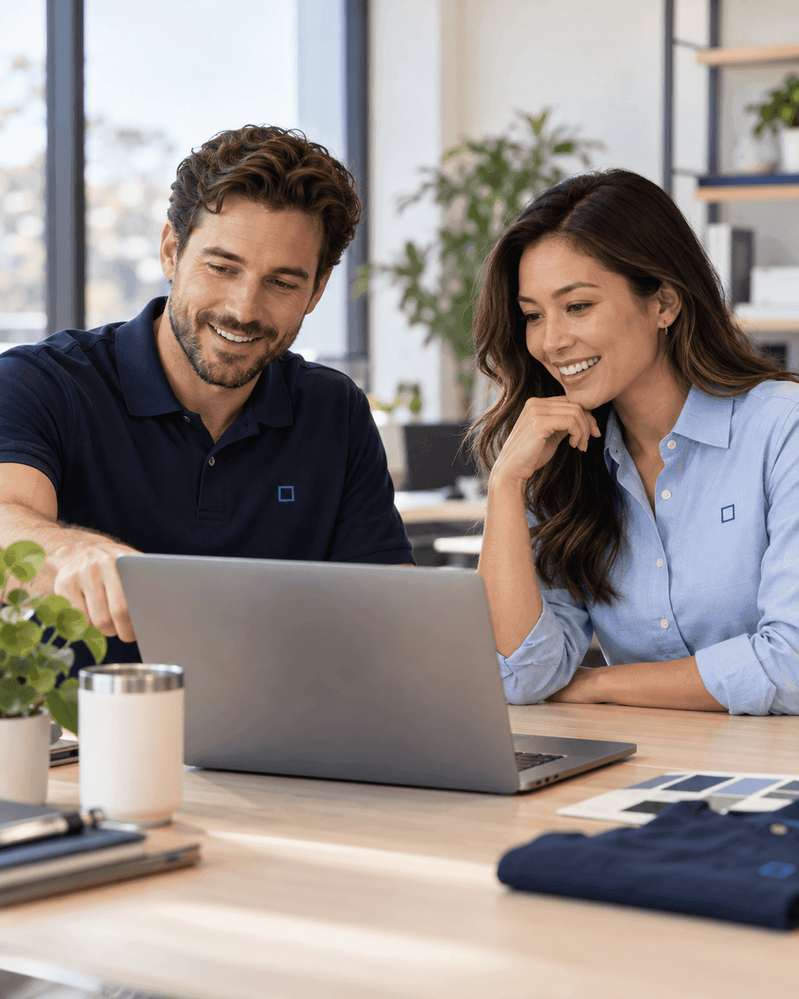 Two coworkers reviewing merchandise options together on a laptop.