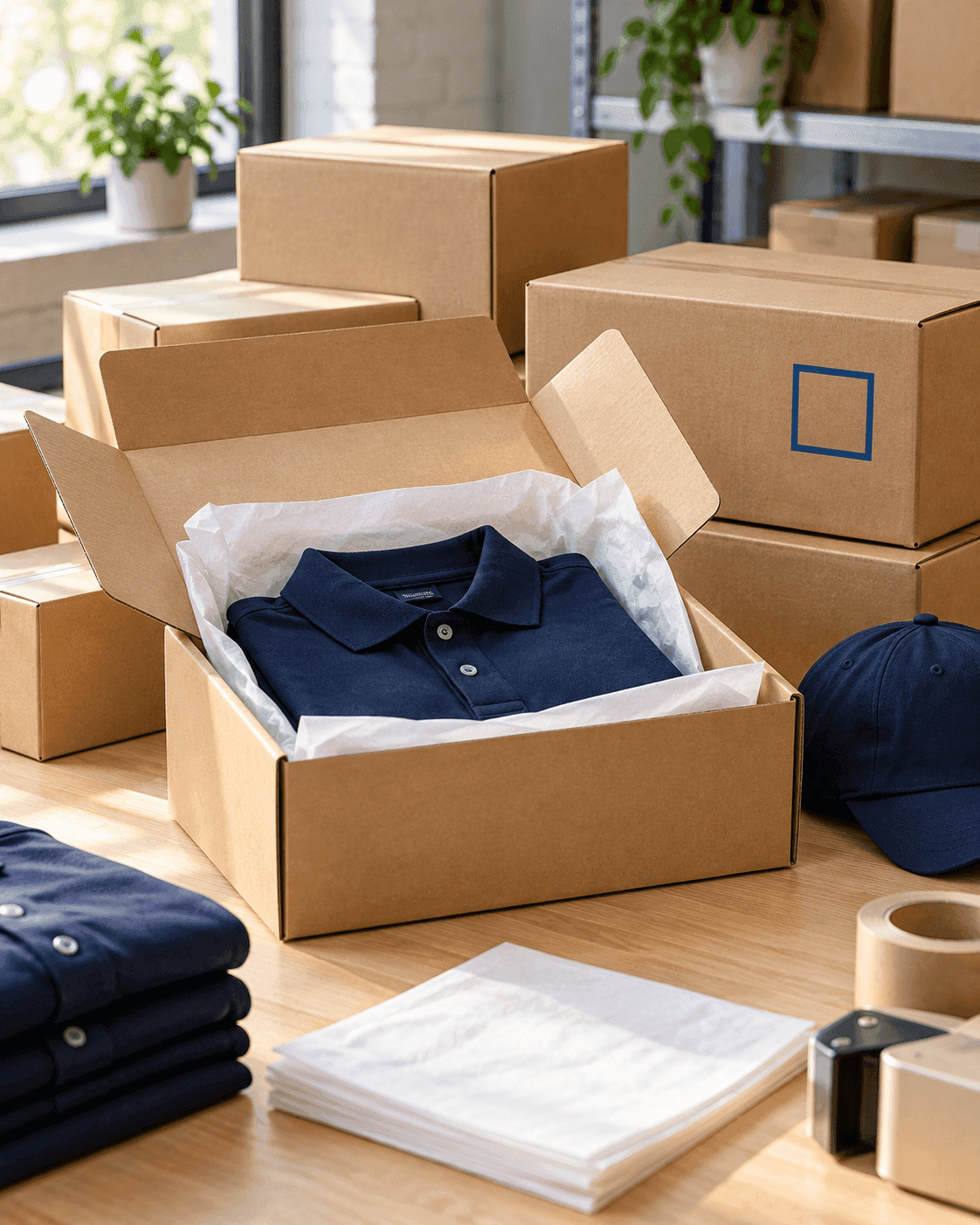 Folded navy apparel packed in a shipping box with protective tissue.