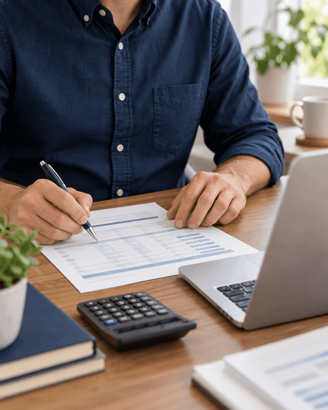 Person reviewing an order worksheet beside a laptop and calculator.