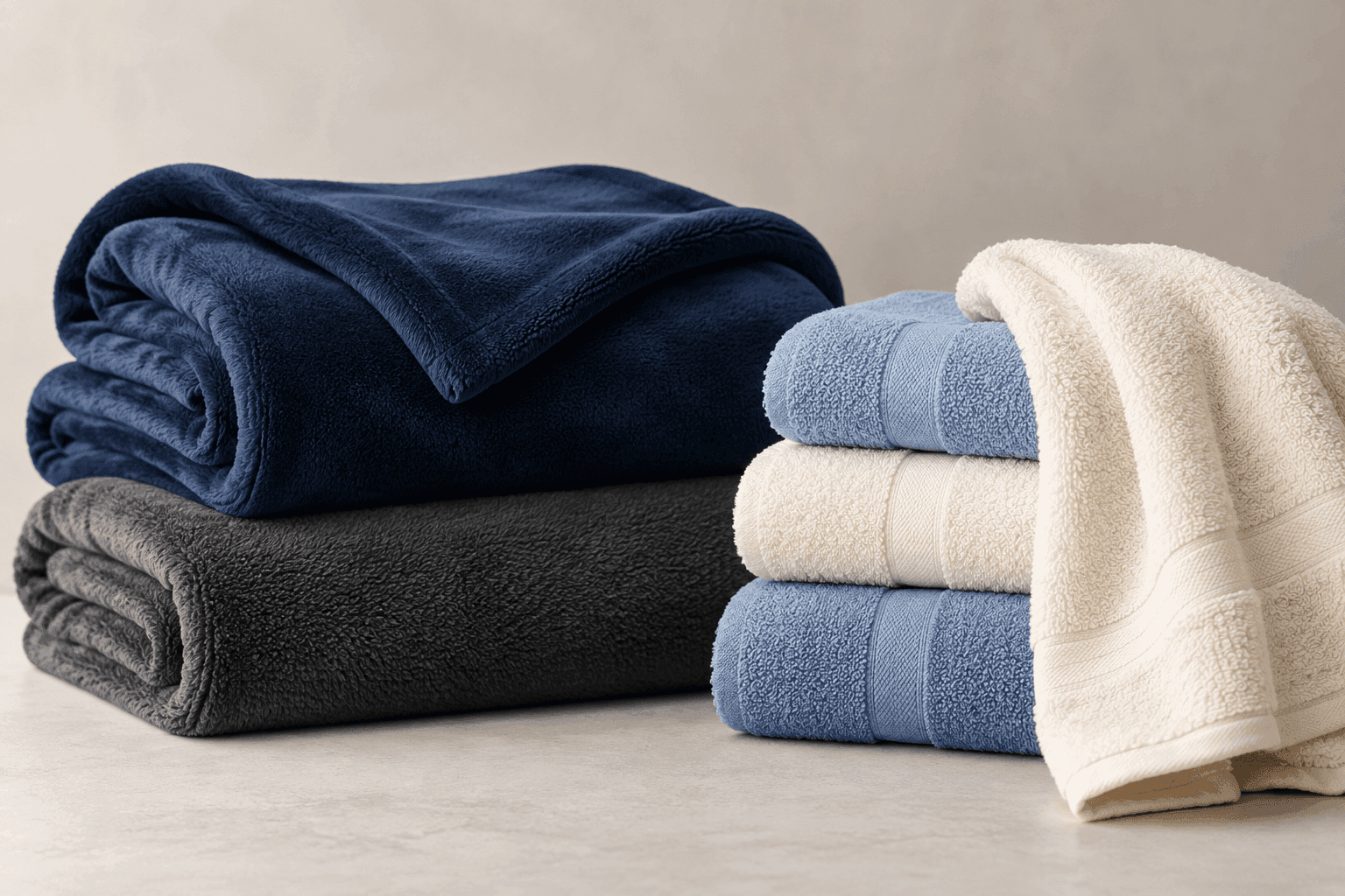 Folded navy and charcoal blankets beside blue and cream towels