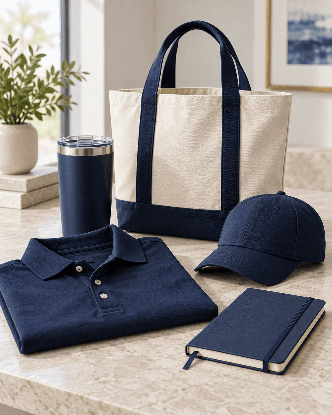Coordinated polo, cap, tote bag, tumbler, and notebook.