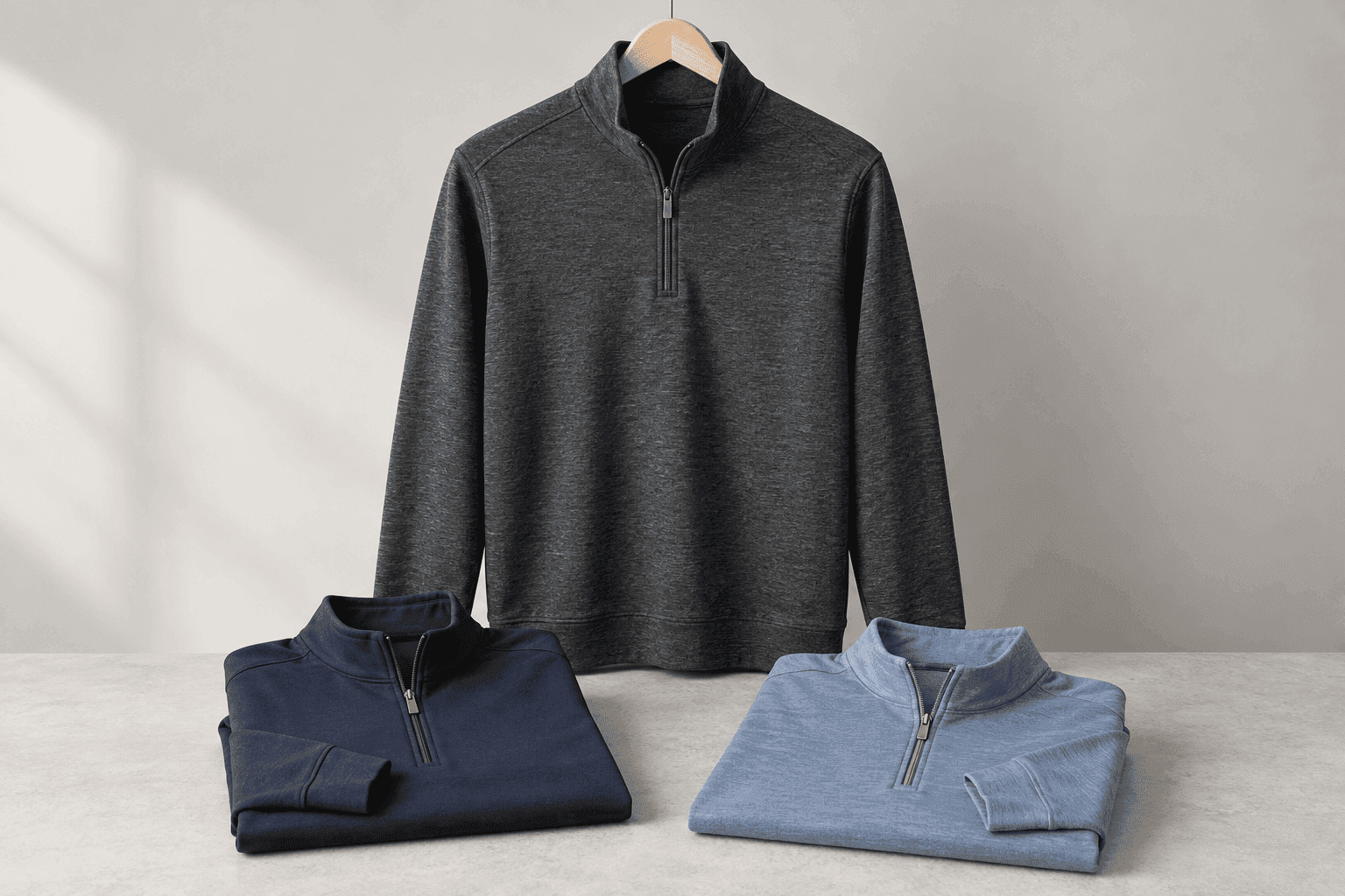 Charcoal quarter-zip pullover with folded navy and light blue layers