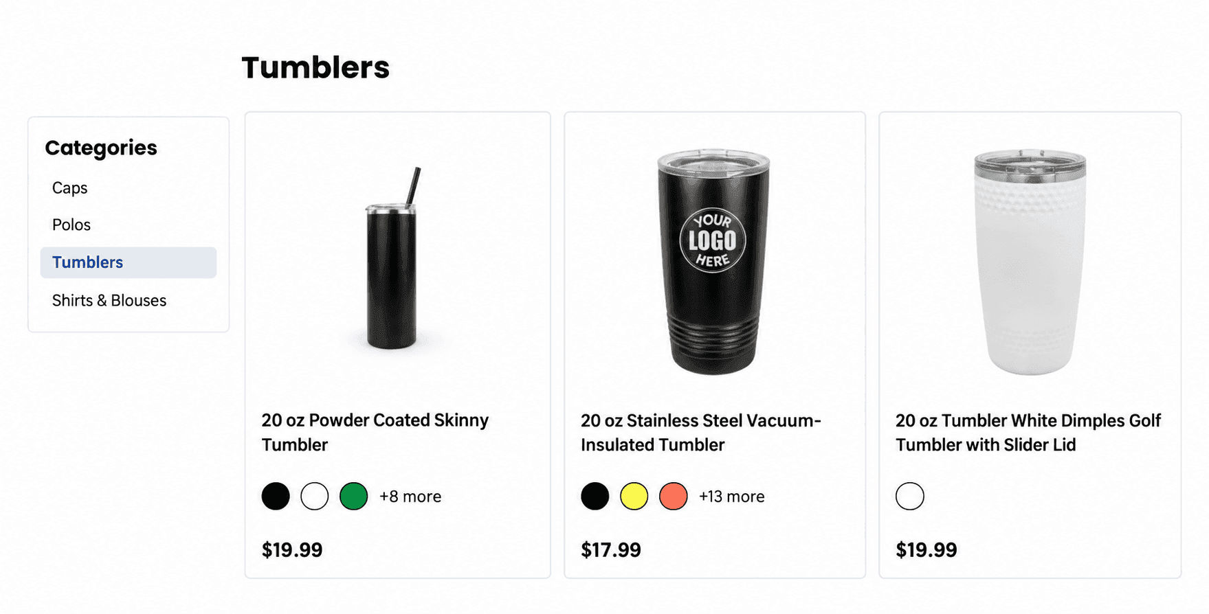 Sample company store showing tumbler products, color options, prices, and category navigation.