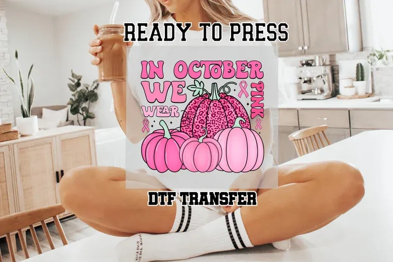 Product image of Breast Cancer Dtf Transfer, In October We Wear Pink Pumpkin Ready To Press Dtf Transfer, Averseness Dtf Transfer